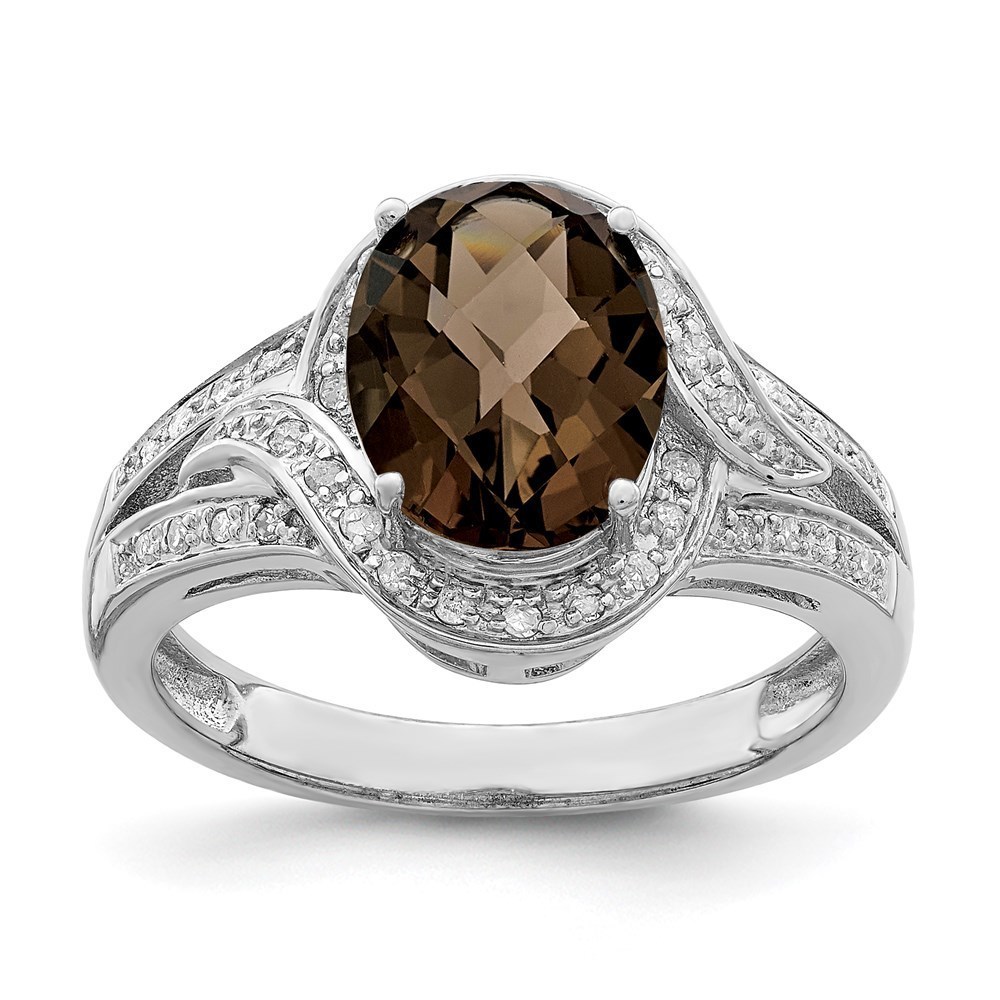 925 Sterling Silver Rhodium Diam. & Oval Checker-Cut Smoky Quartz Ring